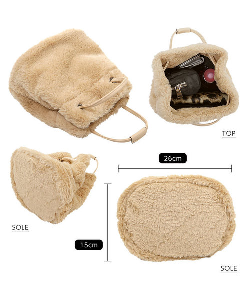 KOBE LETTUCE（コウベレタス）の「ふわふわエコファー巾着バッグ＊レディース/ミニバッグ/無地/レオパード柄[B1219]神戸レタス（ハンドバッグ・レディース・ブラック/ベージュ/パープル/グレー/カーキ/アイボリー/レオパード・FREE）」の17枚目の写真