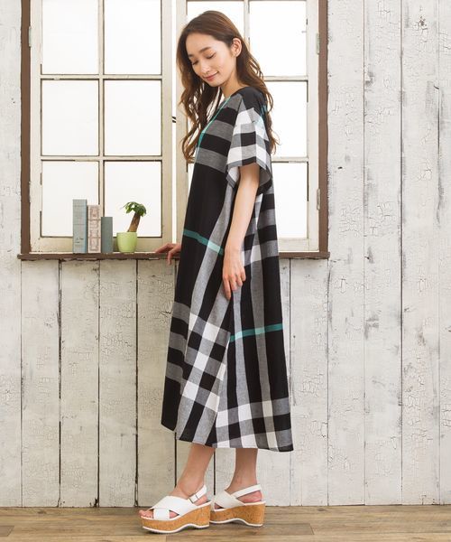 45R ロングワンピース チェック 綿100 インディゴ 16／－インディゴ