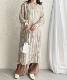 ワッシャープリーツ長袖ロングワンピース