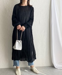 ワッシャープリーツ長袖ロングワンピース