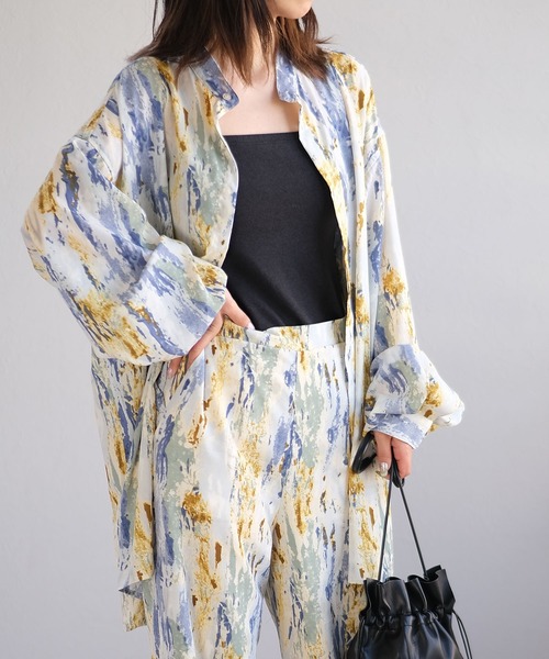 ＡＮＤＪ（アンドジェイ）の「ジョーゼットペイント柄バンドカラーシャツ（シャツ/ブラウス・レディース・ブルー/グリーン/ベージュ・M）」の7枚目の写真