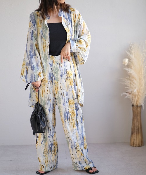 ＡＮＤＪ（アンドジェイ）の「ジョーゼットペイント柄バンドカラーシャツ（シャツ/ブラウス・レディース・ブルー/グリーン/ベージュ・M）」の9枚目の写真