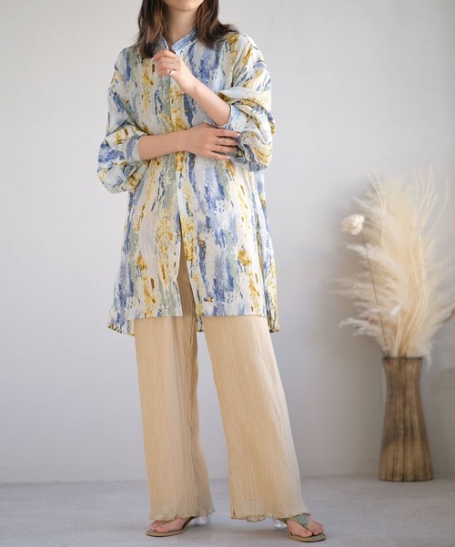 ＡＮＤＪ（アンドジェイ）の「ジョーゼットペイント柄バンドカラーシャツ（シャツ/ブラウス・レディース・ブルー/グリーン/ベージュ・M）」の10枚目の写真