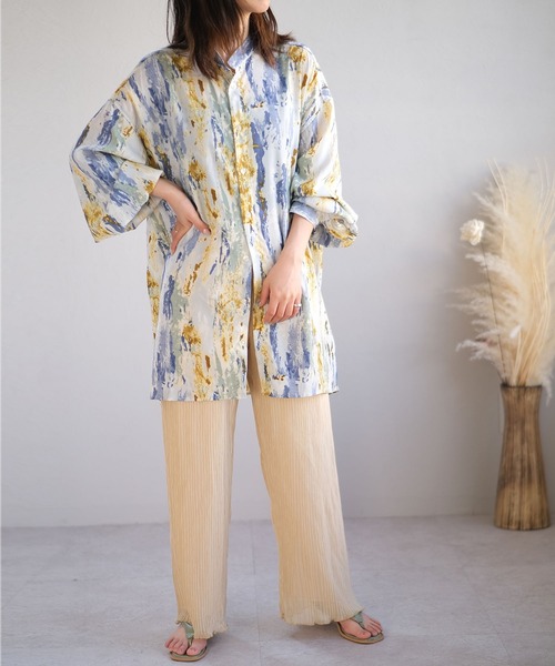 ＡＮＤＪ（アンドジェイ）の「ジョーゼットペイント柄バンドカラーシャツ（シャツ/ブラウス・レディース・ブルー/グリーン/ベージュ・M）」の12枚目の写真