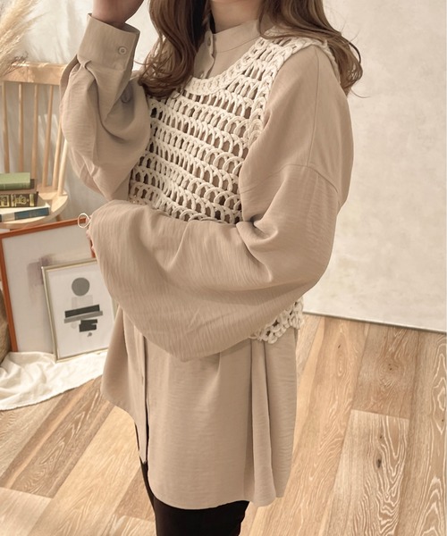 apres jour clair（アプレジュールクレア）の「【apres jour clair】袖ボリュームバンドカラーシャツ【ZOZOTOWN限定アイテム】（シャツ/ブラウス・レディース・ピンクベージュ/アイボリー/オフホワイト/ブラウン系その他/オレンジ系その他/ベージュ・X-LARGE/フリー）」の5枚目の写真