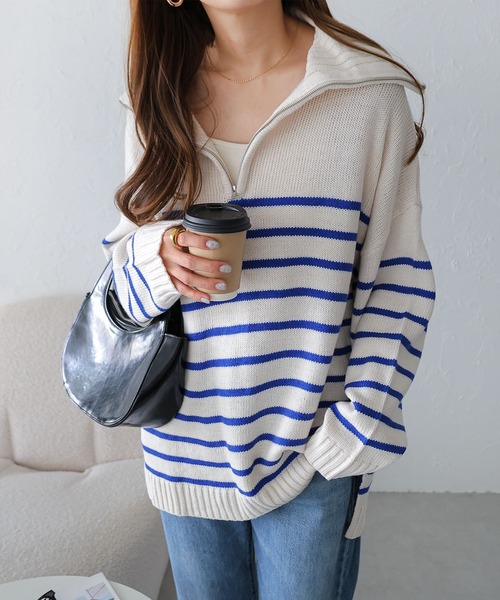 andme（アンドミー）の「ハーフジップボーダーニットトップス（ニット/セーター・レディース・ホワイト×グリーン/ホワイト×ブラック/ベージュ系その他/オレンジ系その他/ネイビー×ホワイト/ホワイト×ブルー・M）」の8枚目の写真