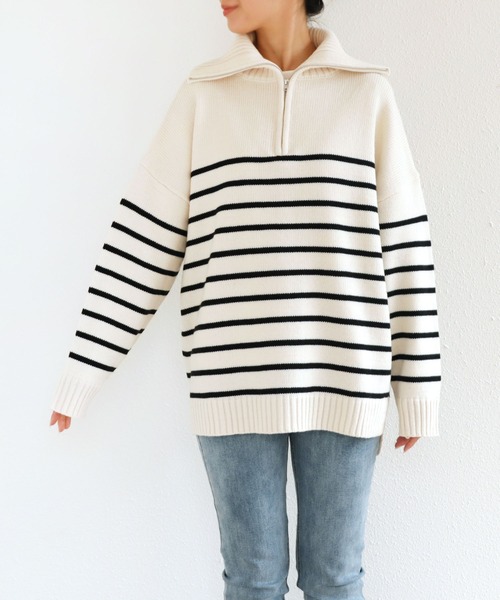 andme（アンドミー）の「ハーフジップボーダーニットトップス（ニット/セーター・レディース・ホワイト×グリーン/ホワイト×ブラック/ベージュ系その他/オレンジ系その他/ネイビー×ホワイト/ホワイト×ブルー・M）」の18枚目の写真