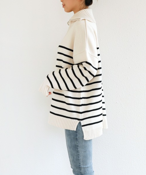 andme（アンドミー）の「ハーフジップボーダーニットトップス（ニット/セーター・レディース・ホワイト×グリーン/ホワイト×ブラック/ベージュ系その他/オレンジ系その他/ネイビー×ホワイト/ホワイト×ブルー・M）」の21枚目の写真