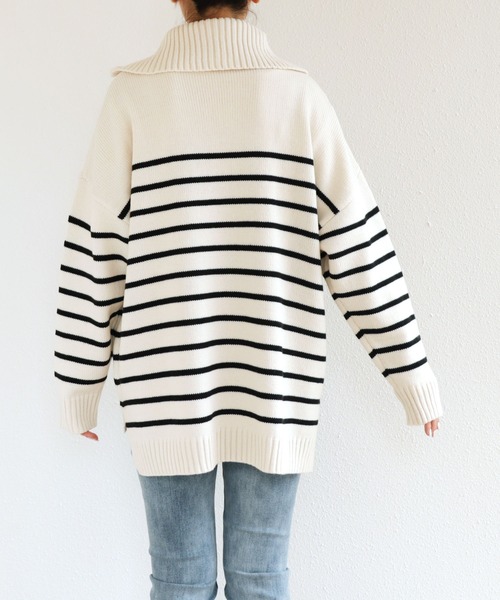 andme（アンドミー）の「ハーフジップボーダーニットトップス（ニット/セーター・レディース・ホワイト×グリーン/ホワイト×ブラック/ベージュ系その他/オレンジ系その他/ネイビー×ホワイト/ホワイト×ブルー・M）」の12枚目の写真