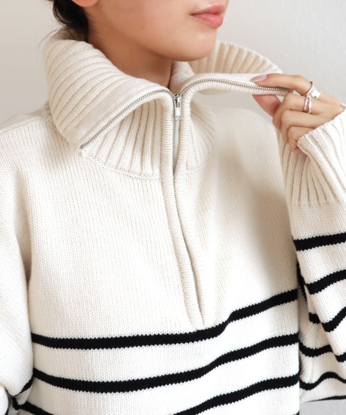 andme（アンドミー）の「ハーフジップボーダーニットトップス（ニット/セーター・レディース・ホワイト×グリーン/ホワイト×ブラック/ベージュ系その他/オレンジ系その他/ネイビー×ホワイト/ホワイト×ブルー・M）」の14枚目の写真
