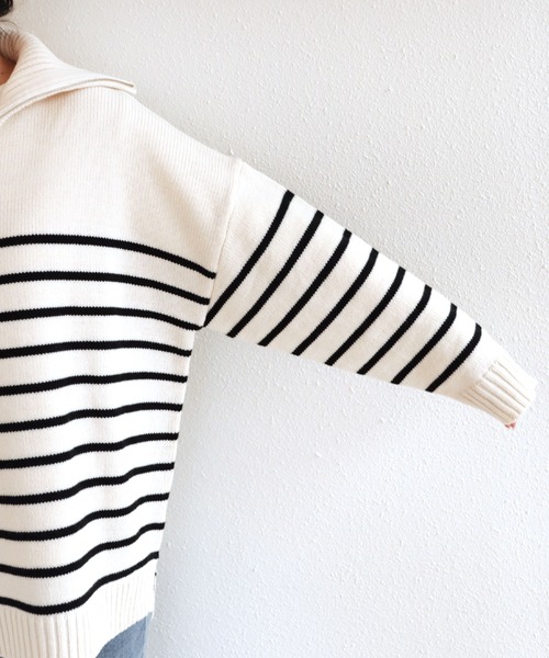 andme（アンドミー）の「ハーフジップボーダーニットトップス（ニット/セーター・レディース・ホワイト×グリーン/ホワイト×ブラック/ベージュ系その他/オレンジ系その他/ネイビー×ホワイト/ホワイト×ブルー・M）」の20枚目の写真