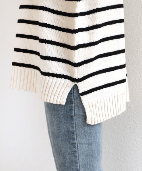 andme（アンドミー）の「ハーフジップボーダーニットトップス（ニット/セーター・レディース・ホワイト×グリーン/ホワイト×ブラック/ベージュ系その他/オレンジ系その他/ネイビー×ホワイト/ホワイト×ブルー・M）」の16枚目の写真