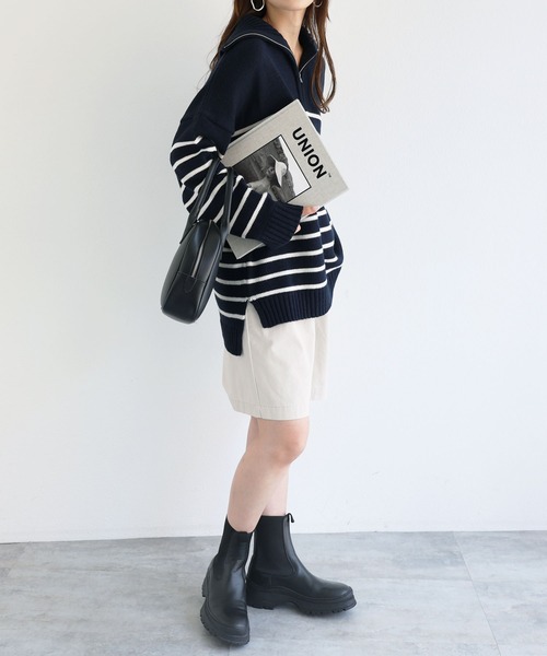 andme（アンドミー）の「ハーフジップボーダーニットトップス（ニット/セーター・レディース・ホワイト×グリーン/ホワイト×ブラック/ベージュ系その他/オレンジ系その他/ネイビー×ホワイト/ホワイト×ブルー・M）」の22枚目の写真