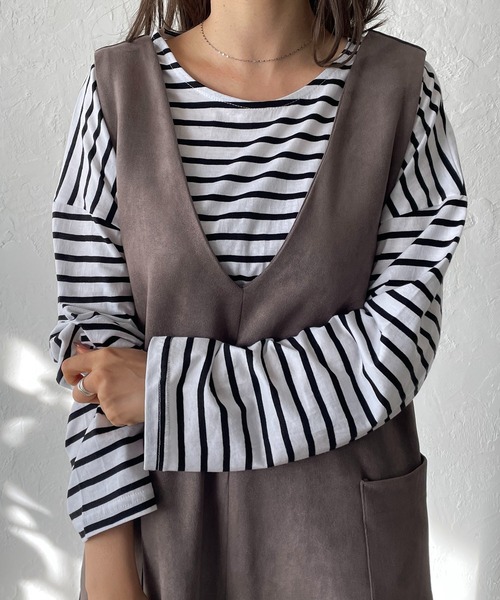 210nouve（トゥージュヌーブ）の「カラーボーダーロングTシャツ（Tシャツ/カットソー・レディース・ライム/ブルー/ホワイト×ブラック/ネイビー/マスタード/パープル・FREE）」の2枚目の写真