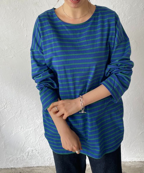 210nouve（トゥージュヌーブ）の「カラーボーダーロングTシャツ（Tシャツ/カットソー・レディース・ライム/ブルー/ホワイト×ブラック/ネイビー/マスタード/パープル・FREE）」の5枚目の写真