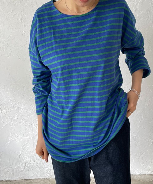 210nouve（トゥージュヌーブ）の「カラーボーダーロングTシャツ（Tシャツ/カットソー・レディース・ライム/ブルー/ホワイト×ブラック/ネイビー/マスタード/パープル・FREE）」の15枚目の写真