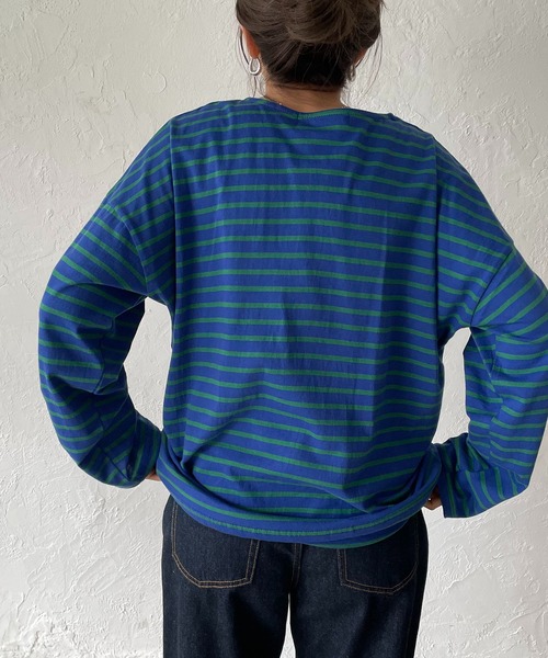 210nouve（トゥージュヌーブ）の「カラーボーダーロングTシャツ（Tシャツ/カットソー・レディース・ライム/ブルー/ホワイト×ブラック/ネイビー/マスタード/パープル・FREE）」の17枚目の写真