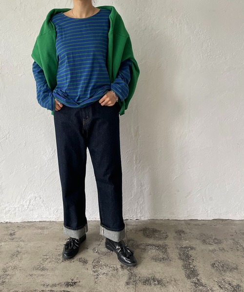 210nouve（トゥージュヌーブ）の「カラーボーダーロングTシャツ（Tシャツ/カットソー・レディース・ライム/ブルー/ホワイト×ブラック/ネイビー/マスタード/パープル・FREE）」の18枚目の写真