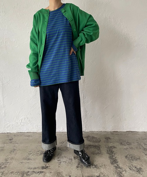 210nouve（トゥージュヌーブ）の「カラーボーダーロングTシャツ（Tシャツ/カットソー・レディース・ライム/ブルー/ホワイト×ブラック/ネイビー/マスタード/パープル・FREE）」の19枚目の写真