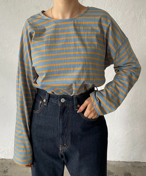 210nouve（トゥージュヌーブ）の「カラーボーダーロングTシャツ（Tシャツ/カットソー・レディース・ライム/ブルー/ホワイト×ブラック/ネイビー/マスタード/パープル・FREE）」の7枚目の写真