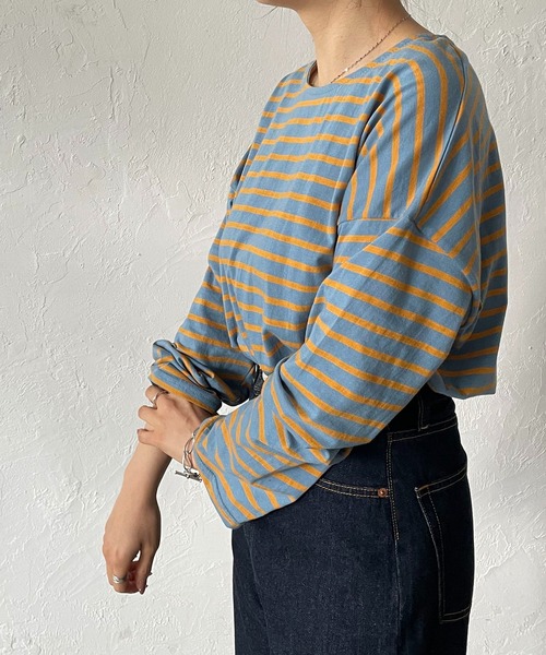 210nouve（トゥージュヌーブ）の「カラーボーダーロングTシャツ（Tシャツ/カットソー・レディース・ライム/ブルー/ホワイト×ブラック/ネイビー/マスタード/パープル・FREE）」の9枚目の写真