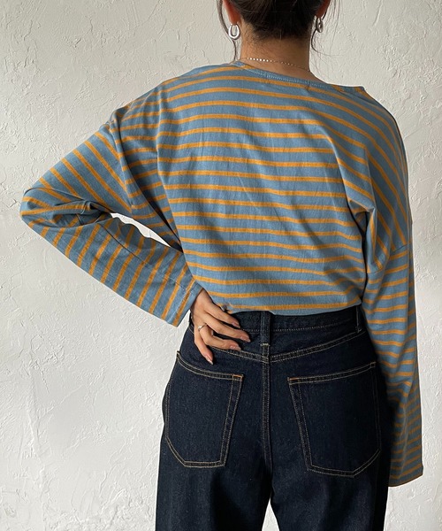 210nouve（トゥージュヌーブ）の「カラーボーダーロングTシャツ（Tシャツ/カットソー・レディース・ライム/ブルー/ホワイト×ブラック/ネイビー/マスタード/パープル・FREE）」の10枚目の写真