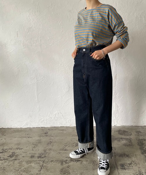 210nouve（トゥージュヌーブ）の「カラーボーダーロングTシャツ（Tシャツ/カットソー・レディース・ライム/ブルー/ホワイト×ブラック/ネイビー/マスタード/パープル・FREE）」の12枚目の写真