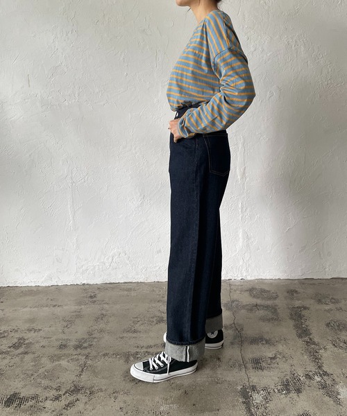 210nouve（トゥージュヌーブ）の「カラーボーダーロングTシャツ（Tシャツ/カットソー・レディース・ライム/ブルー/ホワイト×ブラック/ネイビー/マスタード/パープル・FREE）」の13枚目の写真