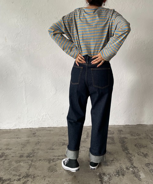 210nouve（トゥージュヌーブ）の「カラーボーダーロングTシャツ（Tシャツ/カットソー・レディース・ライム/ブルー/ホワイト×ブラック/ネイビー/マスタード/パープル・FREE）」の14枚目の写真