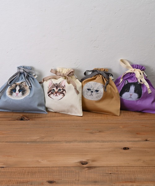 Monocoro toppi（モノコロトッピ）の「ねこ プリント 巾着 バッグ（ハンドバッグ・レディース・ブルー/パープル/アイボリー/オレンジ・フリー）」の17枚目の写真