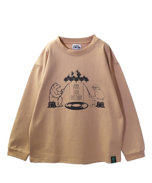 JUNKSOUL（ジャンクソウル）の「国内プリント オッサンとクマのレコード池での釣り対決ロンT(M4)（Tシャツ/カットソー・キッズ・ベージュ/オレンジ/ライトイエロー/ブラック/カーキ/杢グレー/ライトブルー/ホワイト・100cm/110cm/120cm/130cm/140cm/150cm/160cm）」の20枚目の写真