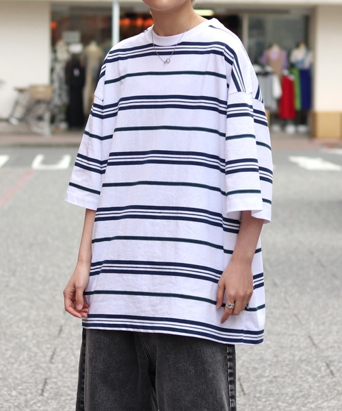 ILL'S(イルズ)の「ビッグシルエット 総柄マルチボーダーTシャツ【ILL'S】(Tシャツ/カットソー・メンズ・ホワイト/ブラック/グリーン/ワイン・M/L)」の2枚目の写真