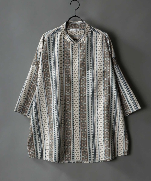 SITRY(シトリー)の「wide silhouette Drape Band Collar shirt/ワイドシルエット ドレープ バンドカラー 半袖 シャツ(シャツ/ブラウス・メンズ・チャコールグレー/ブラウン/サックスブルー/ベージュ/ブルー/ブラウン系その他・M/L)」の5枚目の写真