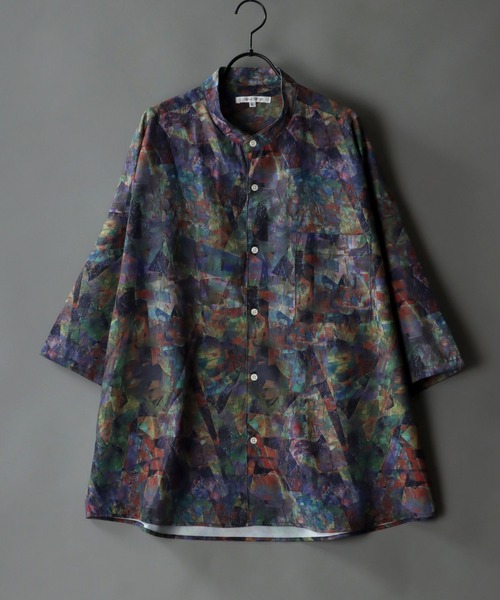 SITRY(シトリー)の「wide silhouette Drape Band Collar shirt/ワイドシルエット ドレープ バンドカラー 半袖 シャツ(シャツ/ブラウス・メンズ・チャコールグレー/ブラウン/サックスブルー/ベージュ/ブルー/ブラウン系その他・M/L)」の4枚目の写真