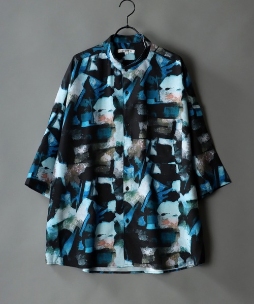 SITRY(シトリー)の「wide silhouette Drape Band Collar shirt/ワイドシルエット ドレープ バンドカラー 半袖 シャツ(シャツ/ブラウス・メンズ・チャコールグレー/ブラウン/サックスブルー/ベージュ/ブルー/ブラウン系その他・M/L)」の6枚目の写真