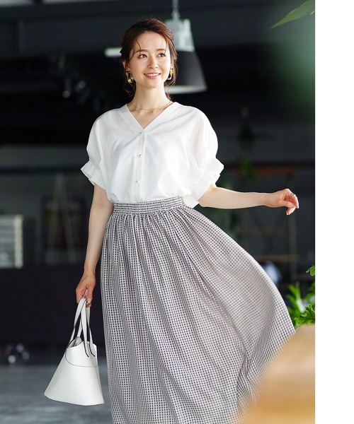 ENNEA（エンネア）の「【手洗いできる♪】シアーギンガムチェック・フレアースカート（スカート・レディース・ベージュ/オレンジ・38）」の7枚目の写真