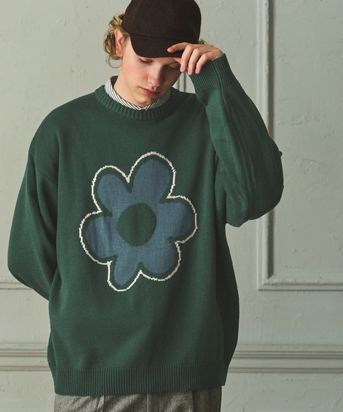 EMMA CLOTHES（エマクローズ）の「フラワージャガードルーズクルーネックニット EMMA CLOTHES（ニット/セーター・メンズ・ブルーグリーン/チャコール/ライトグレー・M/L）」の12枚目の写真