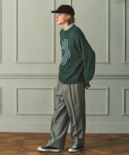 EMMA CLOTHES（エマクローズ）の「フラワージャガードルーズクルーネックニット EMMA CLOTHES（ニット/セーター・メンズ・ブルーグリーン/チャコール/ライトグレー・M/L）」の13枚目の写真