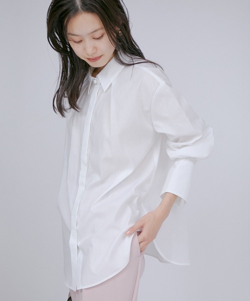 袖スリットパール釦付きロングカフスシャツ