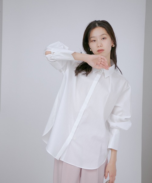 袖スリットパール釦付きロングカフスシャツ