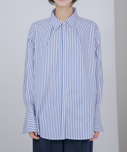 袖スリットパール釦付きロングカフスシャツ