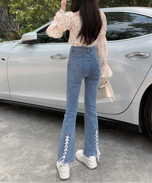 SHEENA(シーナ)の「裾レースアップセミフレアパンツ(デニムパンツ・レディース・ブルー/ブラック・S/M)」の19枚目の写真