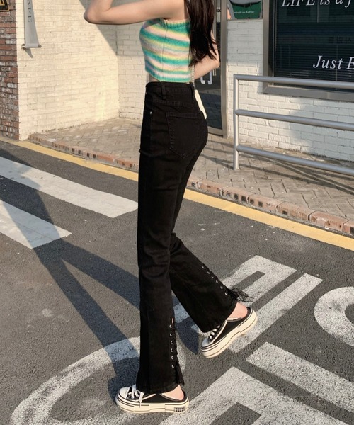 SHEENA(シーナ)の「裾レースアップセミフレアパンツ(デニムパンツ・レディース・ブルー/ブラック・S/M)」の16枚目の写真