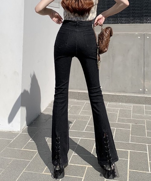SHEENA(シーナ)の「裾レースアップセミフレアパンツ(デニムパンツ・レディース・ブルー/ブラック・S/M)」の3枚目の写真