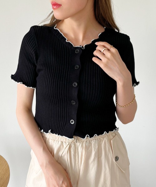 CLEA(クレア)の「メロウ配色 クロップド丈 リブカーディガン/トップス(Tシャツ/カットソー・レディース・ホワイト/ピンク/アイボリー/ブラック/ブルー・FREE)」の4枚目の写真