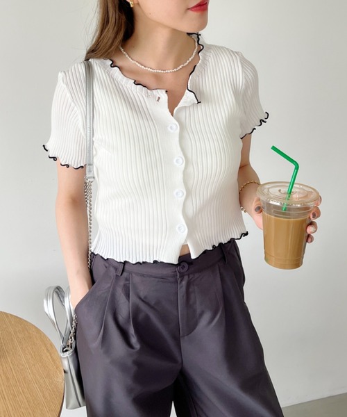 CLEA(クレア)の「メロウ配色 クロップド丈 リブカーディガン/トップス(Tシャツ/カットソー・レディース・ホワイト/ピンク/アイボリー/ブラック/ブルー・FREE)」の7枚目の写真
