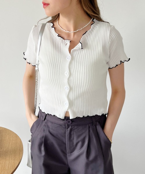 CLEA(クレア)の「メロウ配色 クロップド丈 リブカーディガン/トップス(Tシャツ/カットソー・レディース・ホワイト/ピンク/アイボリー/ブラック/ブルー・FREE)」の6枚目の写真