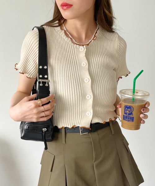 CLEA(クレア)の「メロウ配色 クロップド丈 リブカーディガン/トップス(Tシャツ/カットソー・レディース・ホワイト/ピンク/アイボリー/ブラック/ブルー・FREE)」の13枚目の写真