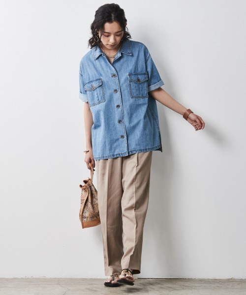 CHIC STYLE（シックスタイル）の「＜大きいサイズ＞綿100％アウトポケット半袖シャツ シックスタイル（シャツ/ブラウス・レディース・ブルー系/ベージュ・3L/5L/LL/4L/L）」の4枚目の写真