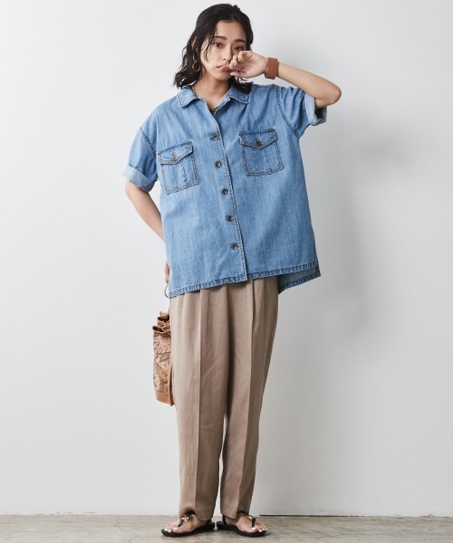 CHIC STYLE（シックスタイル）の「＜大きいサイズ＞綿100％アウトポケット半袖シャツ シックスタイル（シャツ/ブラウス・レディース・ブルー系/ベージュ・3L/5L/LL/4L/L）」の5枚目の写真